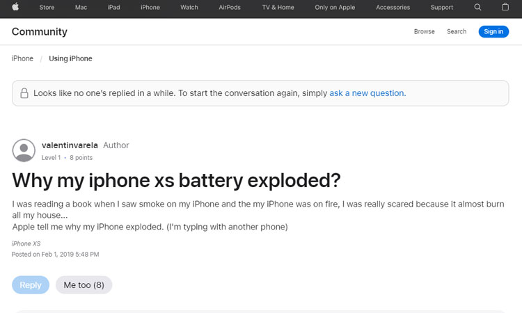 Nhiều người dùng báo cáo bị cháy pin iPhone XS trên diễn đàn thảo luận của Apple
